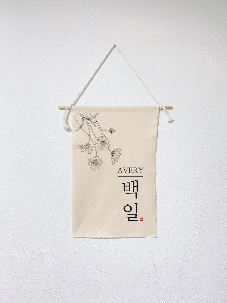May include: A beige canvas wall hanging with a floral design and the name Avery in black text. The name Avery is written in Korean below the English name.