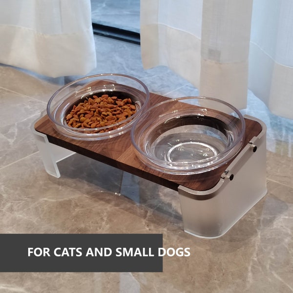 Elevated Cat Bowls, Small Dog 15 Tilted Raised Food Feeding Dishes, Solid Walnut Water Stand Feeder Set for Cats and Puppy
