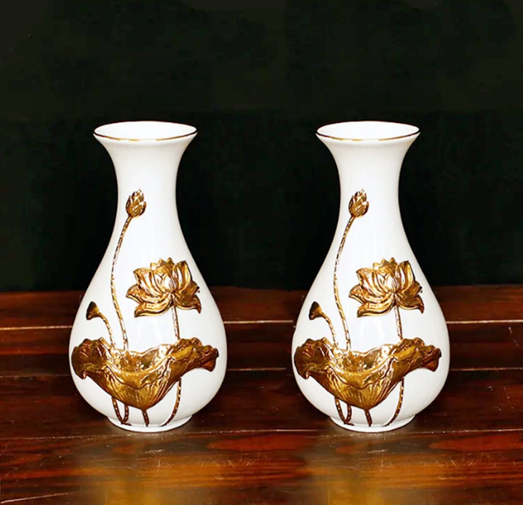 Ceramic Golden Lotus Flower Vase Ornaments Buddha Hall Etsy