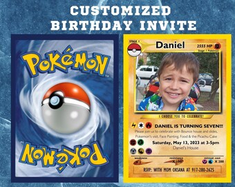 Invito di compleanno con carta Pikachu/Pokemon con foto, modello modificabile in Canva Invito digitale/stampabile Invito di compleanno per ragazzo