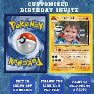 Pikachu / Pokemon Card Birthday Invitation with Picture Photo, Editable Template in Canva Digital / Printable Invite Birthday Boy Invitation