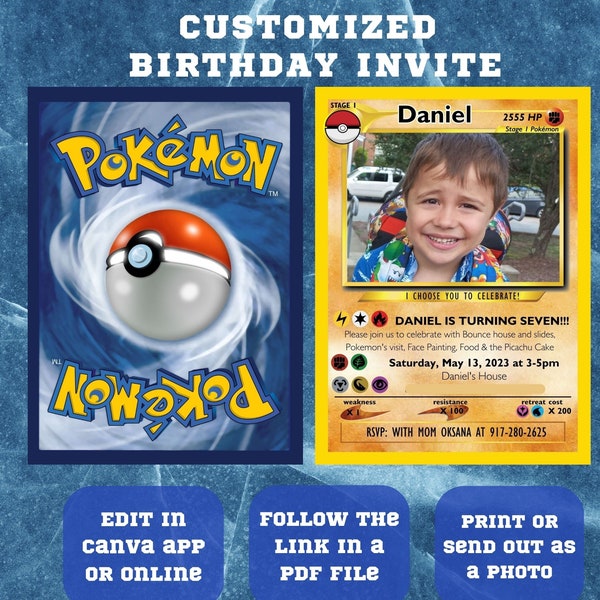 Pikachu / Pokemon Card Birthday Invitation with Picture Photo, Editable Template in Canva Digital / Printable Invite Birthday Boy Invitation