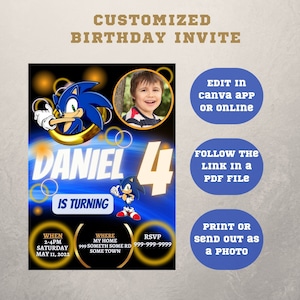 Editable Sonic Birthday Invitation with a photo| Sonic the Hedgehog Party Digital Invitation | Editable With Canva | Instant Download