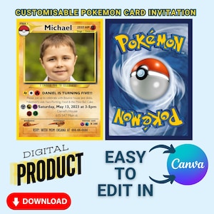 Verjaardagsuitnodiging voor Pikachu/Pokemon-kaart met foto, bewerkbare sjabloon in Canva Digitaal/afdrukbare uitnodiging verjaardag jongen