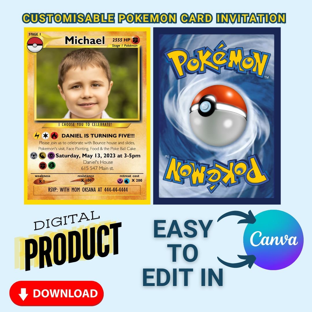 Pikachu / Pokemon Card Birthday Invitation with Picture Photo, Editable Template in Canva Digital / Printable Invite Birthday Boy Invitation