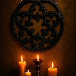 May include: A dark, gothic-style wall hanging with a circular design and a chain. Below, several lit candles of varying sizes sit on a wooden surface, casting warm light. The candles are in different holders, creating a cosy, vintage atmosphere.