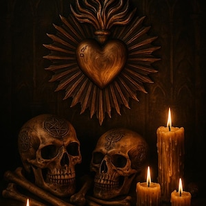 May include: A dark, gothic-themed image featuring two skulls with intricate designs, bone fragments, and lit candles. A heart-shaped emblem with a flame sits above the skulls. The scene is bathed in warm, golden light.
