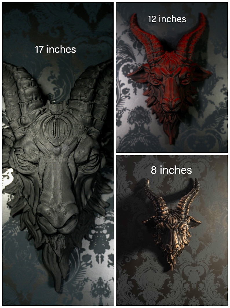 May include: Three goat head wall sculptures with horns and a third eye on the forehead. The largest is matte black and 17 inches, the medium is red and 12 inches, and the smallest is bronze-toned and 8 inches. Each piece features detailed fur.