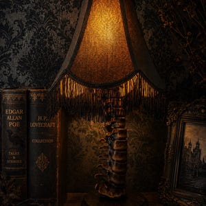 May include: A table lamp featuring a base sculpted to resemble a human spinal column, topped with a dark fabric lampshade trimmed with black fringe. The lamp emits a warm, golden light, illuminating the textured vertebrae of the lamp stand.