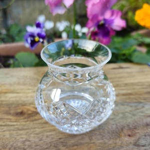 Può includere: Un vaso da fiori in vetro trasparente con un design in cristallo tagliato. Il vaso è rotondo e ha un'ampia apertura.