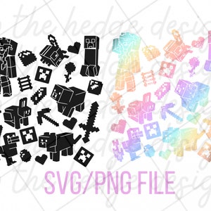 May include: Black and white silhouette of Minecraft characters and items, including a creeper, a pig, a sword, and a pickaxe. The image also includes a rainbow-colored version of the same characters and items.