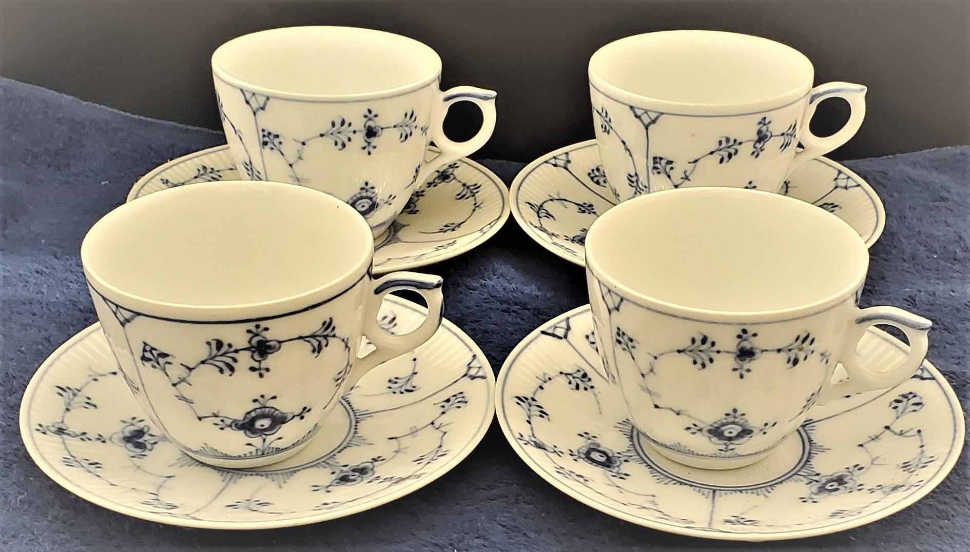 Set of 4 Royal Copenhagen Blue Fluted Plain Cup & Saucer Sets