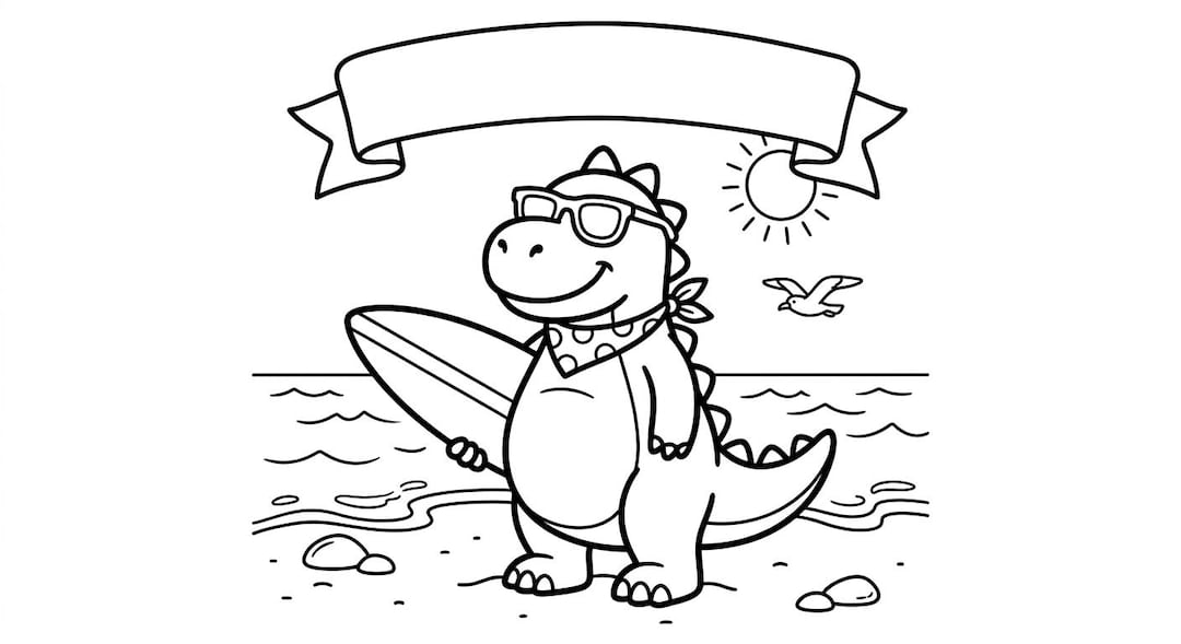 Dinosaur Beach Coloring Book, Kids Printable Summer Coloring Pages ...