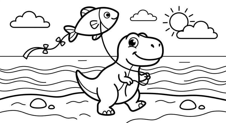 Dinosaur Beach Coloring Book, Kids Printable Summer Coloring Pages ...