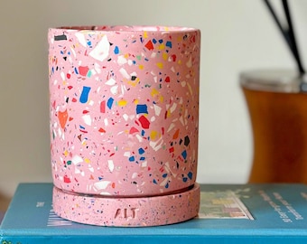 Pink Terrazzo Jesmonite Concrete Plant Pot with Drainage Hole & Saucer: Indoor Scandi Cactus Planter, Eco-Friendly Decor