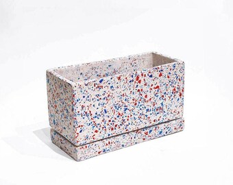Rectangular Blue Red Terrazzo Plant Pot Drainage Saucer Indoor Concrete Cactus Planter Home Decor Plant Lover Gift