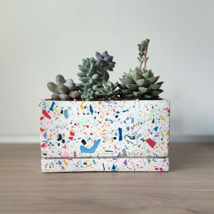 May include: A white planter with a colorful terrazzo pattern holds a variety of succulents. The planter has a rectangular shape and is made of a durable material.