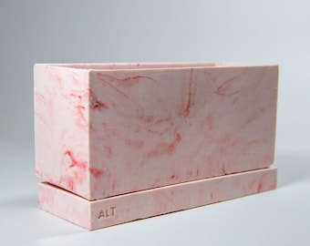 Rectangular marble plant pot pink concrete, small indoor planter with drainage a saucer tray cactus succulent home decor housewarming gift