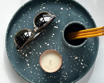 Navy Terrazzo Round Tray: Jesmonite Concrete Trinket Dish, Vanity Organizer