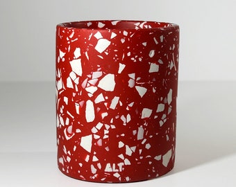 Red Terrazzo Pen Pot & Makeup Brush Holder, Jesmonite Concrete Desk Organiser, Office Pencil Holder