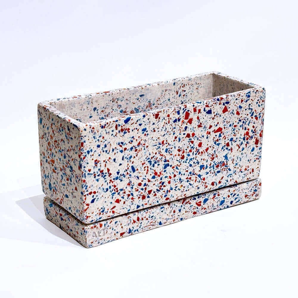 Blue & Red Rectangular Terrazzo Jesmonite Concrete Plant Pot with Drainage Holes and Saucer: Indoor Cactus Planter