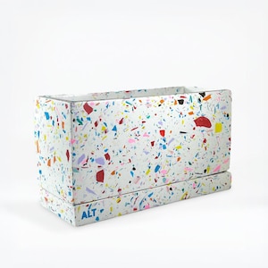 Rectangular Rainbow Terrazzo Succulent Planter Drainage Holes and Saucer Indoor Jesmonite Concrete Plant Pot