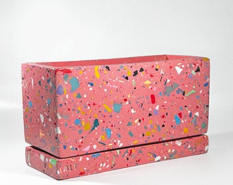 Rectangular Pink Terrazzo Jesmonite Plant Pot Drainage Holes and Saucer: Indoor Concrete Cactus Planter