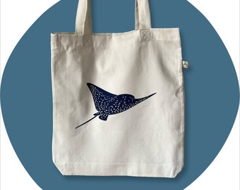 Organic shopping bag with screen-printed stingray motif - wide bottom