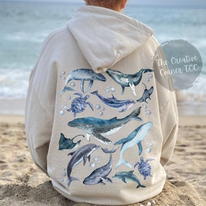 Watercolor Whale Hoodie, Blue Whale Ocean Beach Hoodie Dolphin Turtle Hoodie Sea Life Animals Shirt, Whale Sweatshirt, Surf Marine Biology