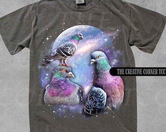 Three Pigeon Retro Graphic T-shirts, Vintage Pigeon Moon Tshirt, Pigeon Lovers, Funny Pigeon Shirts,Funny Gifts, Silly Gifts, Pigeons Shirt