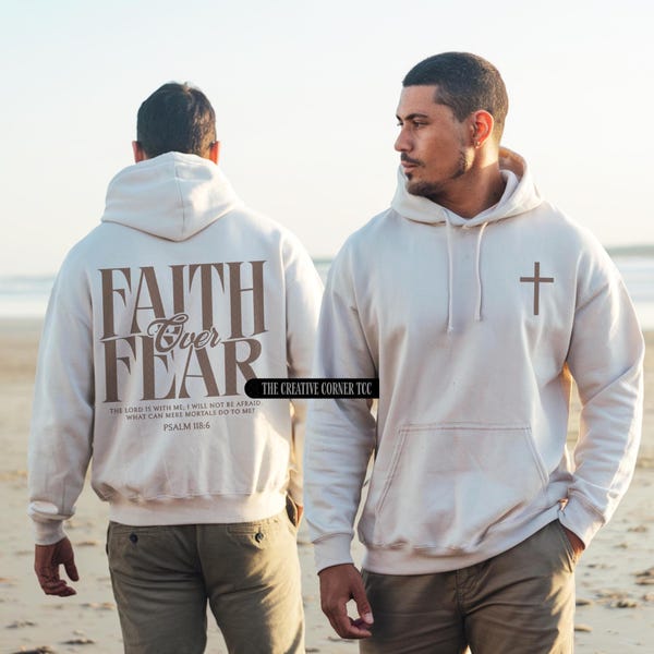 Sudadera cristiana "La fe supera el miedo" con versículo bíblico, regalos cristianos para hombres, sudadera con capucha de Jesús, sudaderas cristianas para él, sudadera con capucha de la cruz.