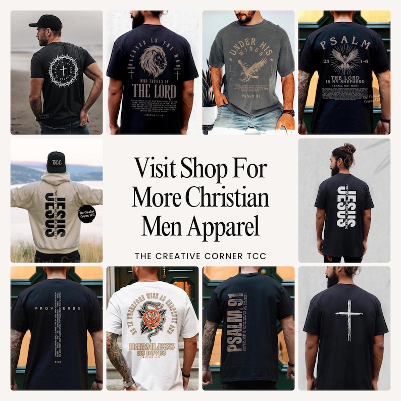 May include: Collection of Christian apparel for men, including t-shirts and a hoodie. The shirts feature religious text and graphics such as a cross, lion, eagle, and rose. The hoodie has "JESUS" printed on the back.