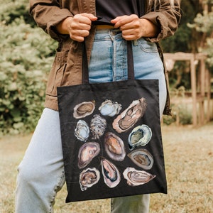May include: A black tote bag with a design of oyster shells in various shades of brown, blue, and gray. The bag has black straps and is being held by a person.