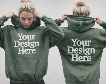 Gildan 18500 Military Green Hoodie Mockup, Front and Back Mockup, Model Mock, Gildan 18500, Oversized Simple Military Hoodie Mock-up Trendy