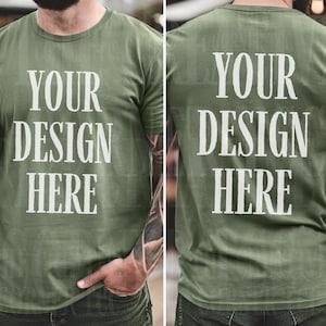 Bella Canvas 3001 Military Green Front and Back, Male Model T-Shirt Mockup,  Men&#39;s 3001 mockups, Military Green Man Shirt Mockups