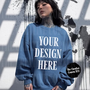 Gildan 18000 Indigo Blue Sweatshirt Mockup, G180  Mockup, Model Mock, Gildan Sweatshirt, Oversized Indigo Mock-up, Trendy Mockup, Streetwear