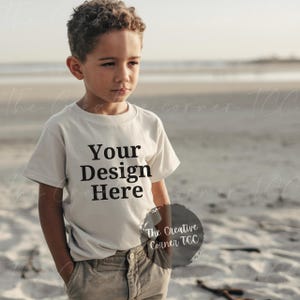 Bella Canvas 3001Y Natural Mockup, Kids Tshirt Mockup, Youth T-shirt Mockup, Youth Mockup, Trendy Mockup T-shirt, Boy Mockup, Beach Mock