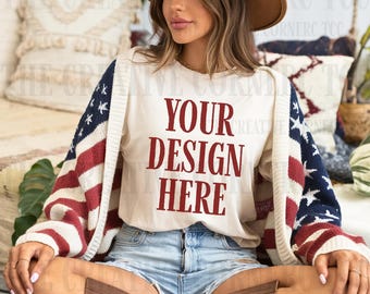 Comfort Colors 1717 Ivory Shirt, 4th of July Mockup, 1717 Mockup. Model Mockup, Ivory Mockup, Model   Mockup, Trendy Mockup 4th of July Mock