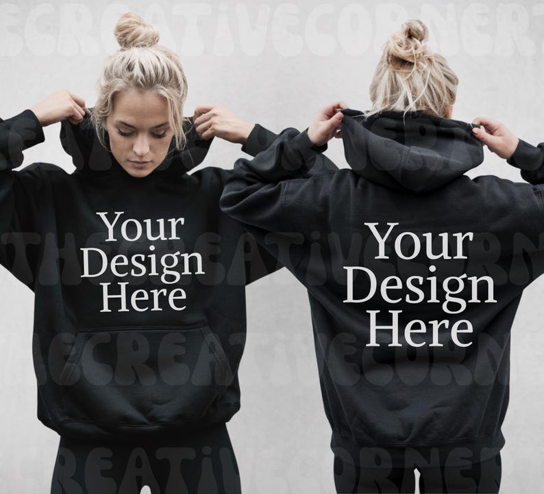 May include: Black hooded sweatshirt with the text "Your Design Here" on the front and back.