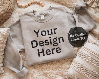 Sand Gildan 18000 Sweatshirt Mockup, Flat Lay Mock-up Sweatshirt Mock Ups Boho Mock up Gildan 18000 Mocks Gildan Sweatshirt Mockup