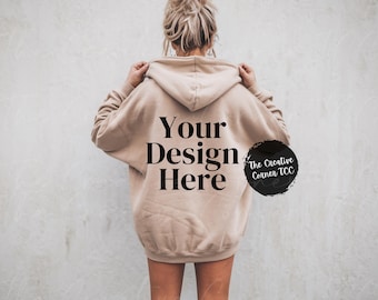 Gildan 18500 Sand Hoodie Mockup, Back Hoodie Mockup, Model Mock, Gildan 18500 Hoodie, Oversized Sand Gildan Mock-ups, Cowgirl Mockup Western