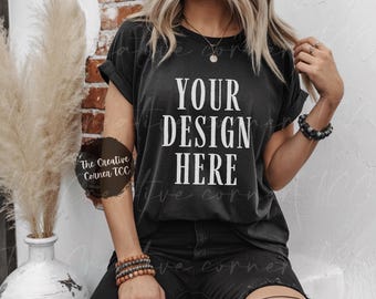 Bella Canvas 3001 Black Tshirt Mockup, 3001 Black T-shirt Mockup, Model Mock Boho Bella Canvas, Trendy Mockups, Boho Mockups, Tshirt Mockups