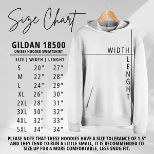 May include: Size chart for a Gildan 18500 unisex hooded sweatshirt. The chart shows the width and length in inches for sizes S through 5XL.  Please note that these hoodies have a size tolerance of 1.5 inches and they tend to run a little small. It is recommended to size up for a more comfortable, less snug fit.