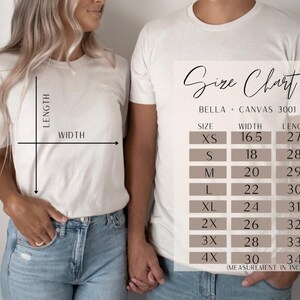 May include: Two people wearing white t-shirts, with a size chart in the background. The size chart shows measurements in inches for width and length, ranging from XS to 4X. The text "Size Chart" is at the top.
