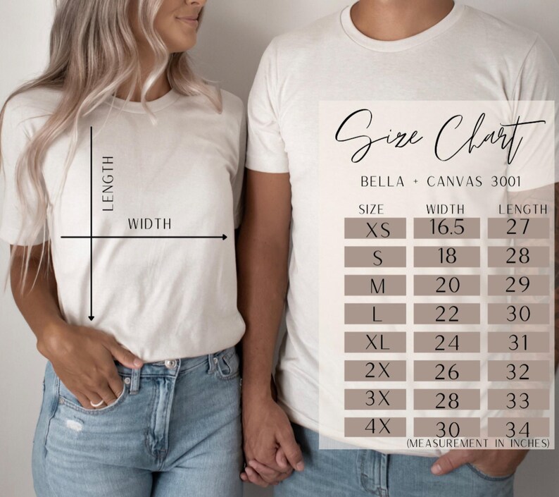 May include: Two people wearing white t-shirts, with a size chart in the background. The size chart shows measurements in inches for width and length, ranging from XS to 4X. The text "Size Chart" is at the top.