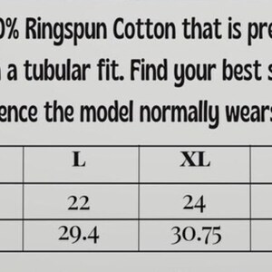 May include: Image shows a size chart for Comfort Colors shirts, detailing width and length measurements in inches for sizes S through 4XL. The text states the shirts are made from 100% Ringspun Cotton, pre-shrunk, and garment dyed, with a tubular fit.