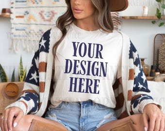 Comfort Colors 1717 Ivory Shirt, 4th of July Mockup, 1717 Mockup. Model Mockup, Ivory Mockup, Model   Mockup, Trendy Mockup 4th of July Mock