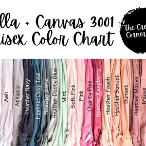 May include: Color chart for Bella + Canvas 3001 unisex t-shirts. The image displays a variety of colors, including black, heather gray, white, navy, teal, pink, and maroon. The text "Bella + Canvas 3001 Unisex Color Chart" is at the top.