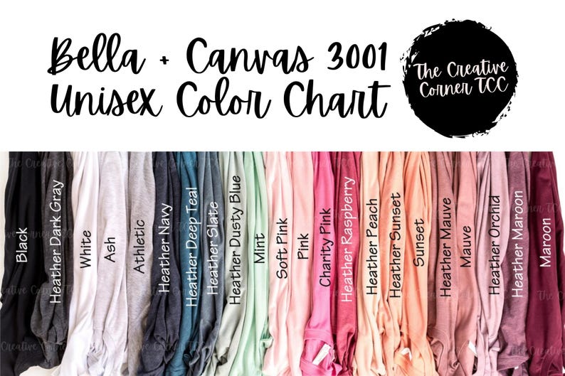 May include: Color chart for Bella + Canvas 3001 unisex t-shirts. The image displays a variety of colors, including black, heather gray, white, navy, teal, pink, and maroon. The text "Bella + Canvas 3001 Unisex Color Chart" is at the top.