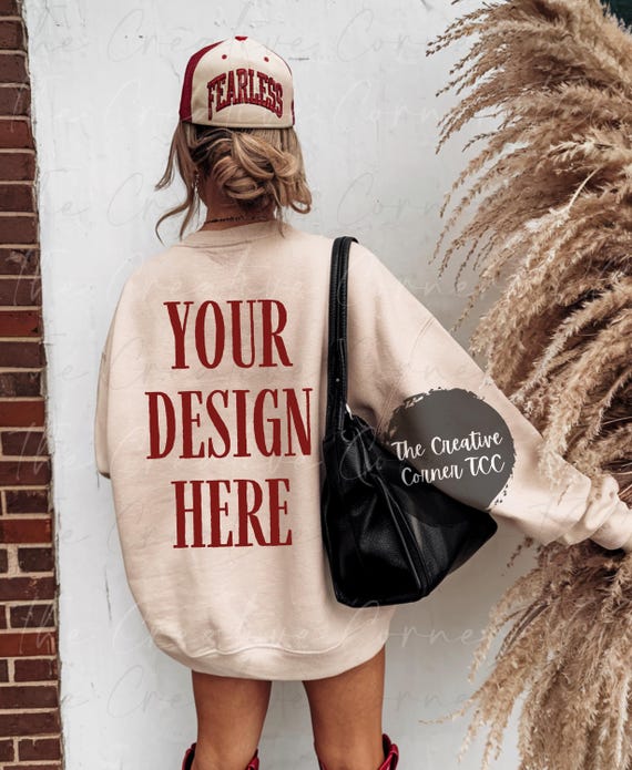 Sand Gildan 18000 Crewneck Sweatshirt Mock Up Cowgirl Mockup Trendy Western Rock Styled Model Mockup Sand Back Gildan 18000 Oversize